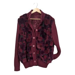 Vintage 90s Cardigan Sweater Wool Blend Faux Fur Italy Avant Garde Maroon Red